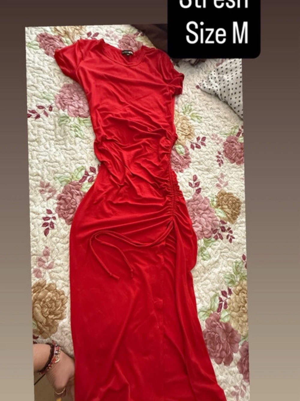 Stretch Red Ruched Side Midi Dress - Size M
